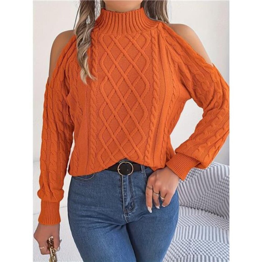 Cable Knit Cold Shoulder Turtleneck Sweater
